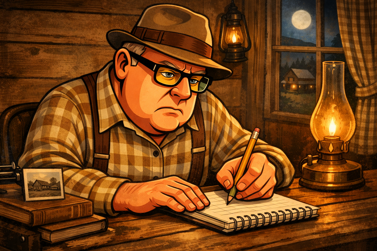 Based on a 'The Waltons' theme, a serious looking caricature of myself, sitting at a table, and - under oil lamp light - focused on the notepad in front of me.